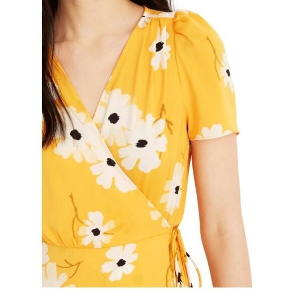 Madewell Midi Dress Yellow White Floral Print Puff Sleeve Wrap Medium - Picture 4 of 9